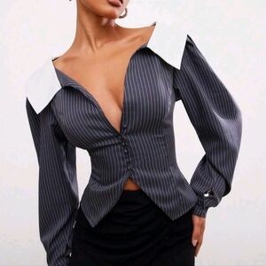SHEIN Grey and White Pinstripe Blouse